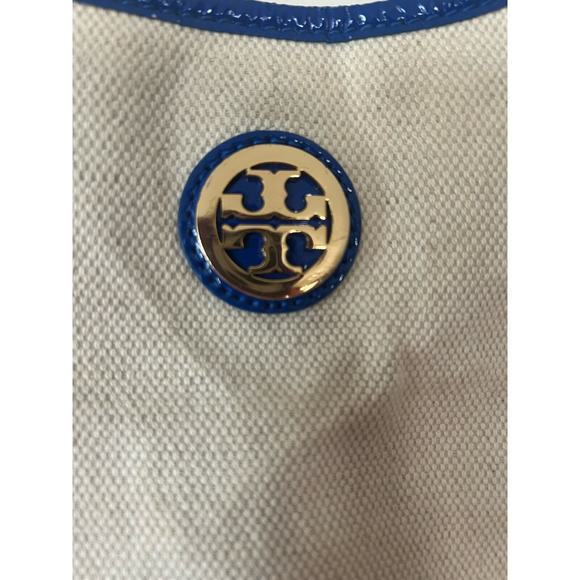 Tory Burch Canvas Tote Purse Bag Beach Beige Navy Blue w/ Gold Logo - Picture 5 of 11